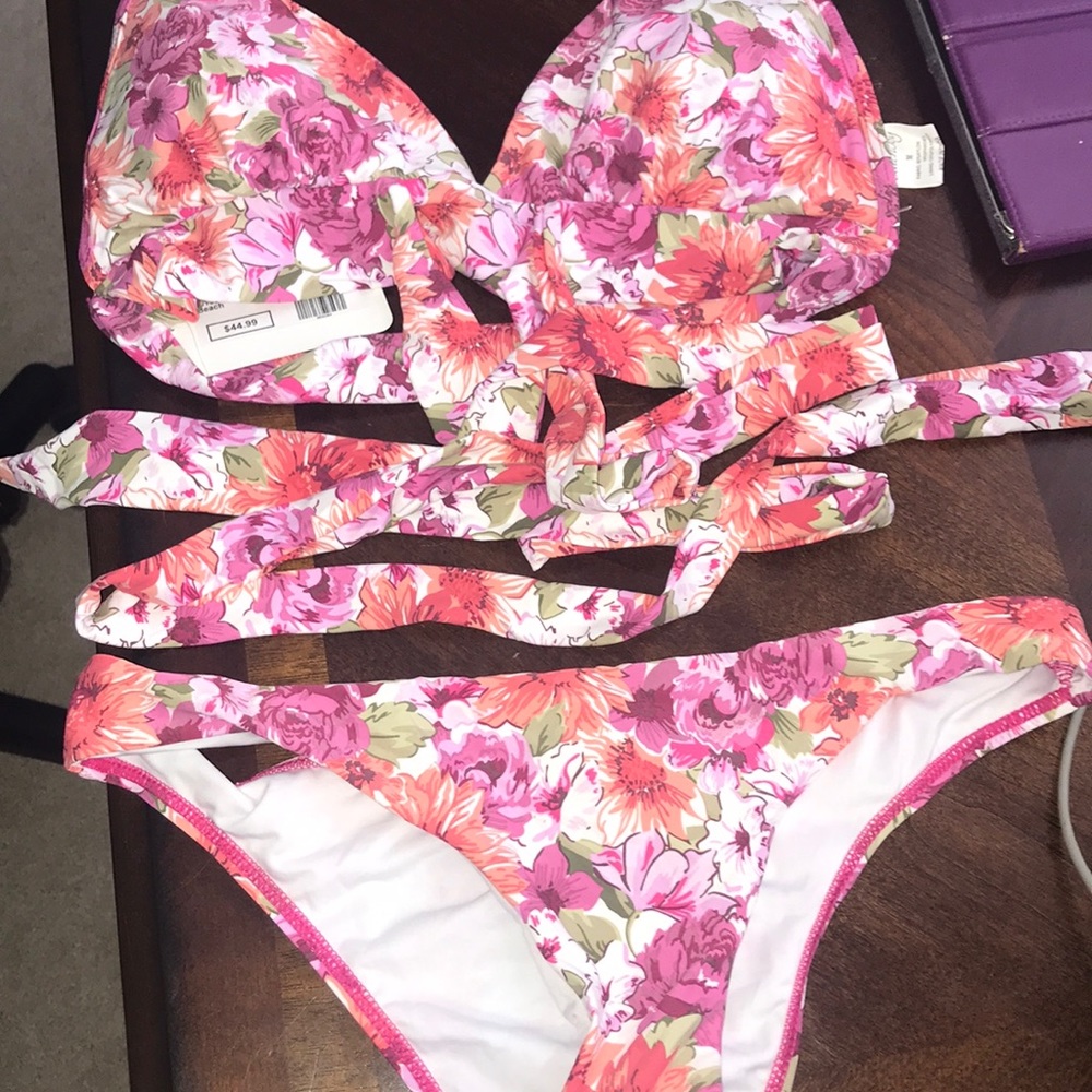 Floral bikini with cross wrap over waist
